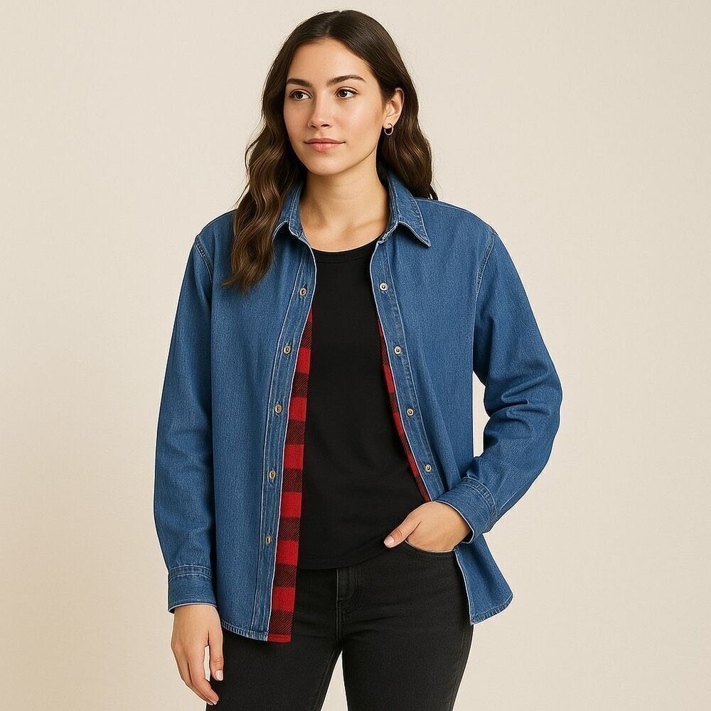 Riders by Lee Women’s Denim Jacket Size XL Fleece Red & Black Plaid Lined